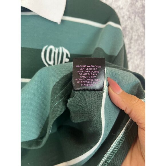 Faded Green White Striped Cropped Preppy Polo Shirt Top Women's Small - Picture 5 of 9